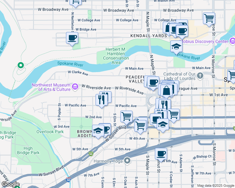map of restaurants, bars, coffee shops, grocery stores, and more near 1818 West 1st Avenue in Spokane