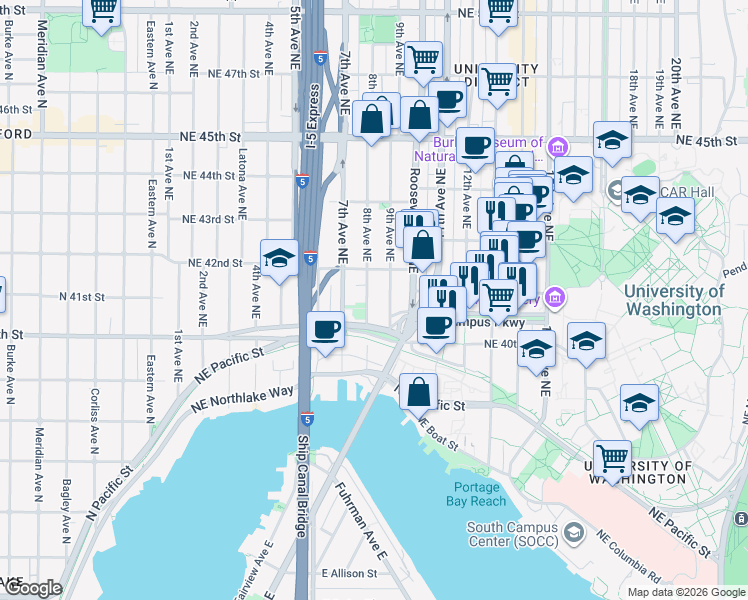 map of restaurants, bars, coffee shops, grocery stores, and more near 4032-4036 8th Avenue Northeast in Seattle