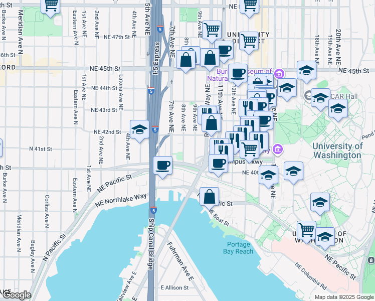 map of restaurants, bars, coffee shops, grocery stores, and more near 4036 8th Avenue Northeast in Seattle