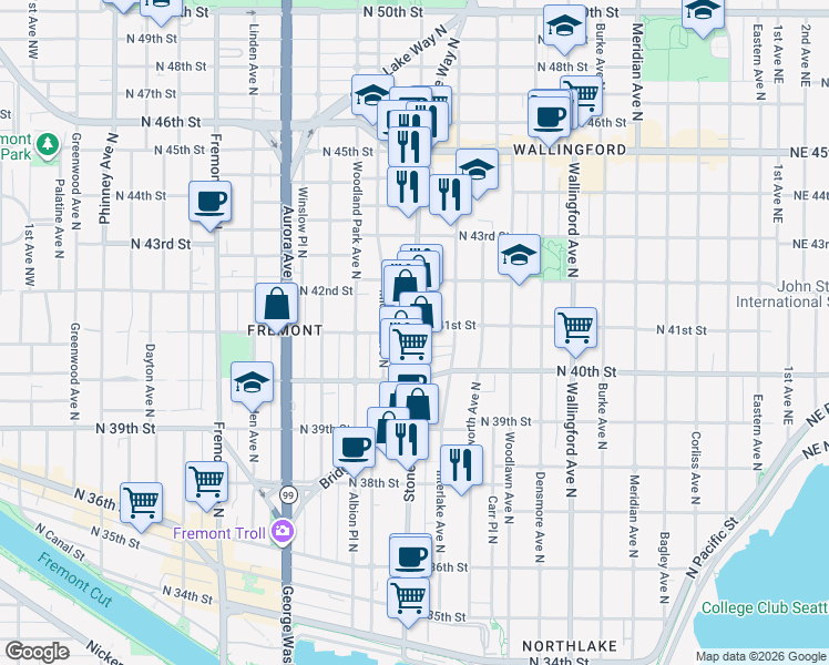 map of restaurants, bars, coffee shops, grocery stores, and more near Stone Way N & N 41st St in Seattle