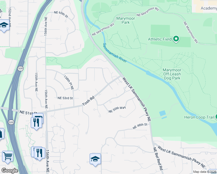 map of restaurants, bars, coffee shops, grocery stores, and more near 16235 Northeast 51st Street in Redmond