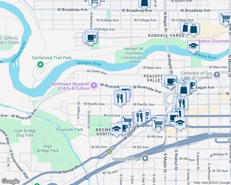 map of restaurants, bars, coffee shops, grocery stores, and more near 2022 West 1st Avenue in Spokane
