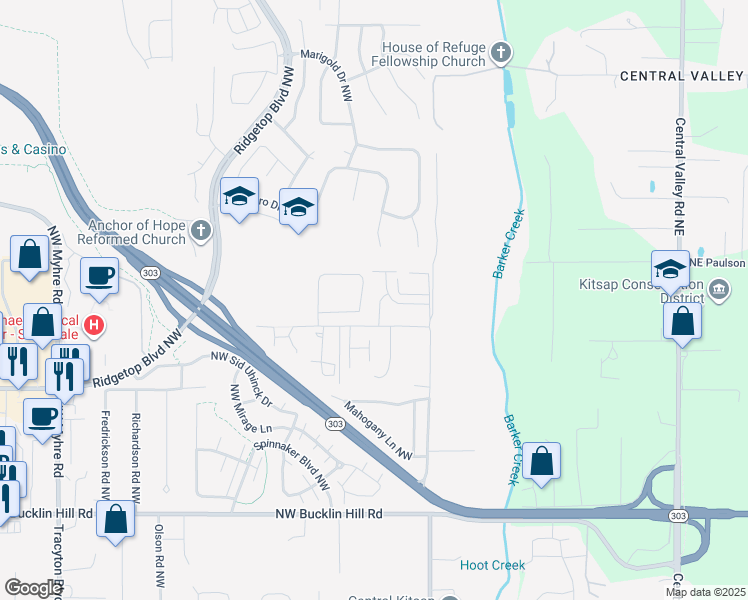 map of restaurants, bars, coffee shops, grocery stores, and more near 1105 Northwest Hogan Lane in Bremerton