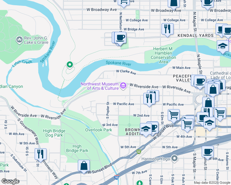map of restaurants, bars, coffee shops, grocery stores, and more near 2316 West 1st Avenue in Spokane