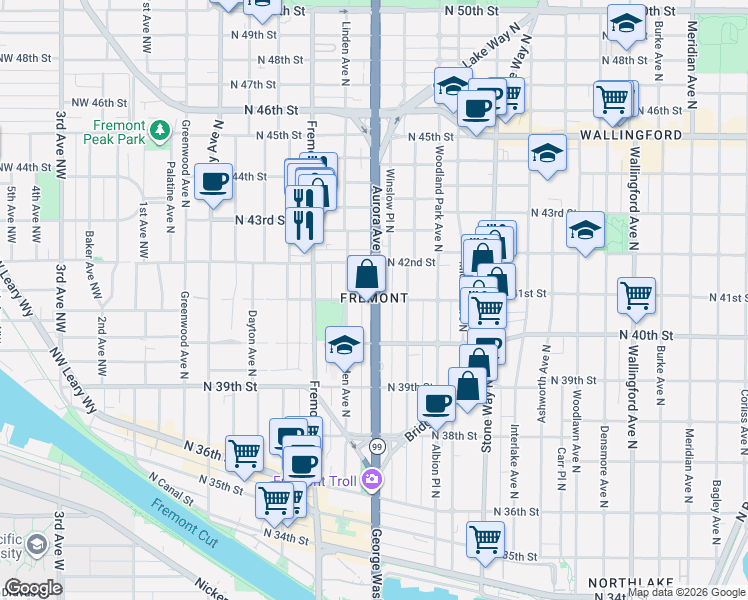 map of restaurants, bars, coffee shops, grocery stores, and more near Aurora Ave N & N 41st St in Seattle