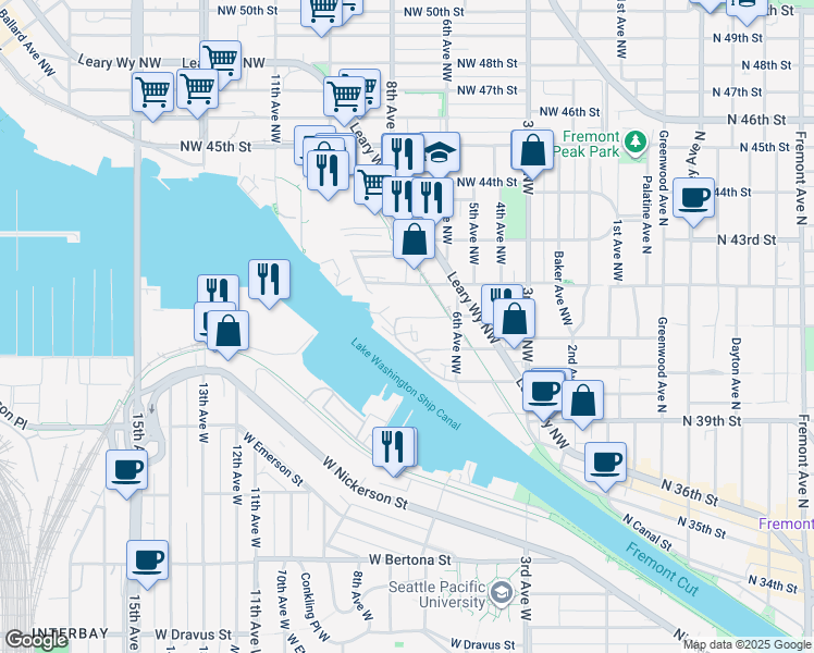 map of restaurants, bars, coffee shops, grocery stores, and more near 653 Northwest 41st Street in Seattle