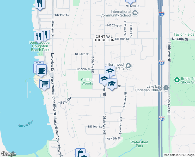 map of restaurants, bars, coffee shops, grocery stores, and more near 10618 Northeast 54th Street in Kirkland