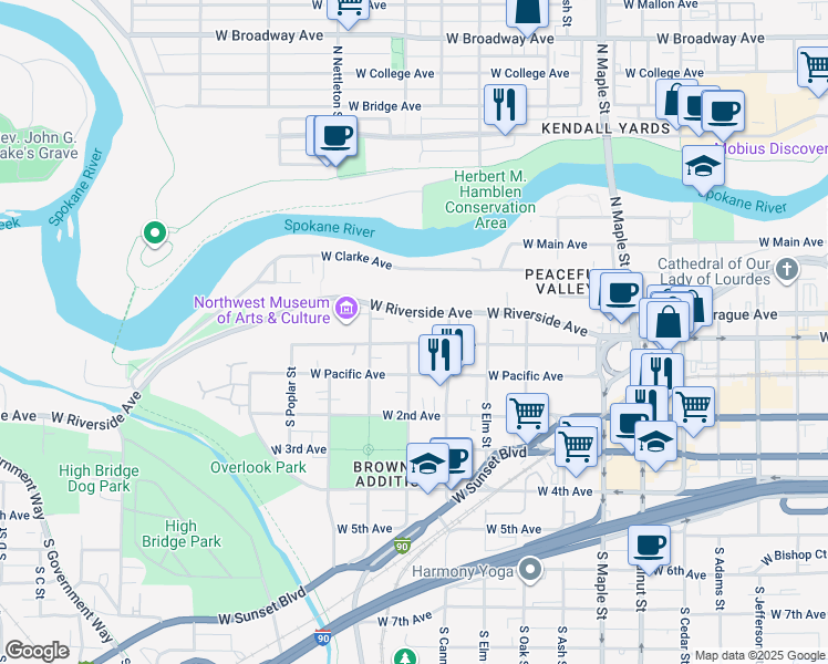 map of restaurants, bars, coffee shops, grocery stores, and more near 2022 West 1st Avenue in Spokane
