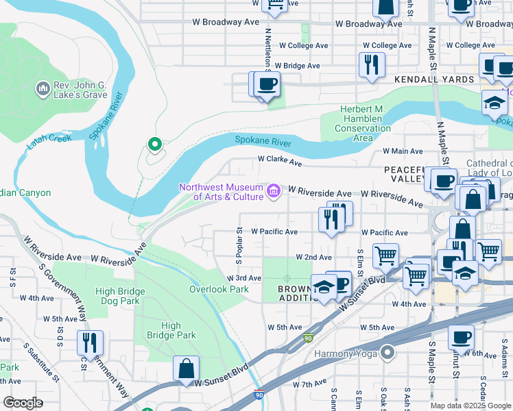 map of restaurants, bars, coffee shops, grocery stores, and more near 2315 West 1st Avenue in Spokane