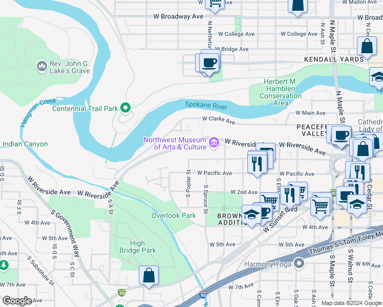map of restaurants, bars, coffee shops, grocery stores, and more near 2315 West 1st Avenue in Spokane