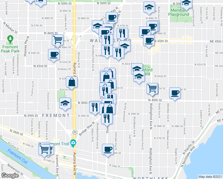 map of restaurants, bars, coffee shops, grocery stores, and more near 1317 North 41st Street in Seattle