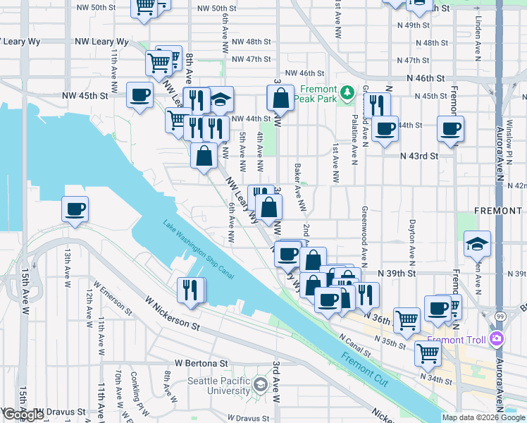map of restaurants, bars, coffee shops, grocery stores, and more near 302 Northwest 40th Street in Seattle