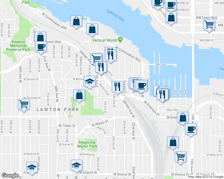 map of restaurants, bars, coffee shops, grocery stores, and more near 4051 Gilman Avenue West in Seattle