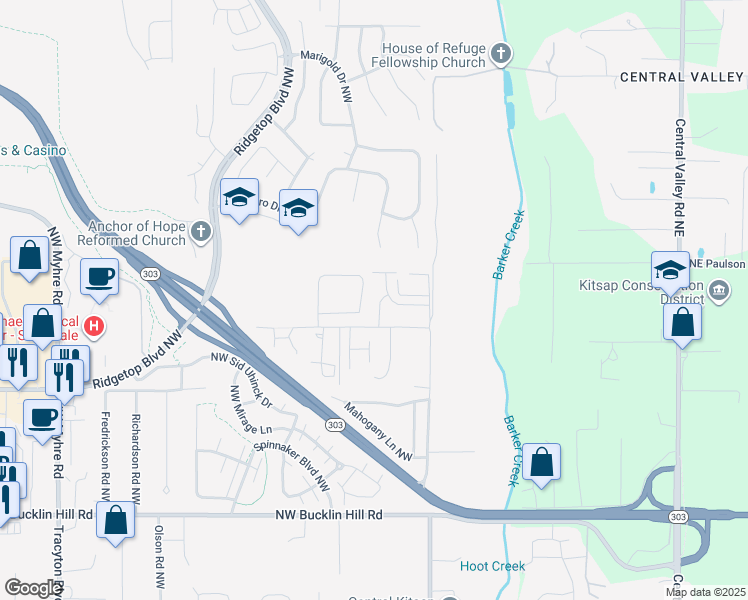 map of restaurants, bars, coffee shops, grocery stores, and more near 1105 Northwest Hogan Lane in Bremerton
