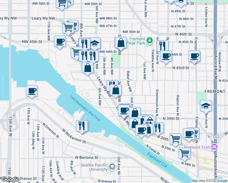map of restaurants, bars, coffee shops, grocery stores, and more near 317 Northwest 41st Street in Seattle