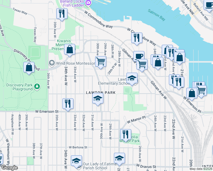 map of restaurants, bars, coffee shops, grocery stores, and more near 4020 30th Avenue West in Seattle