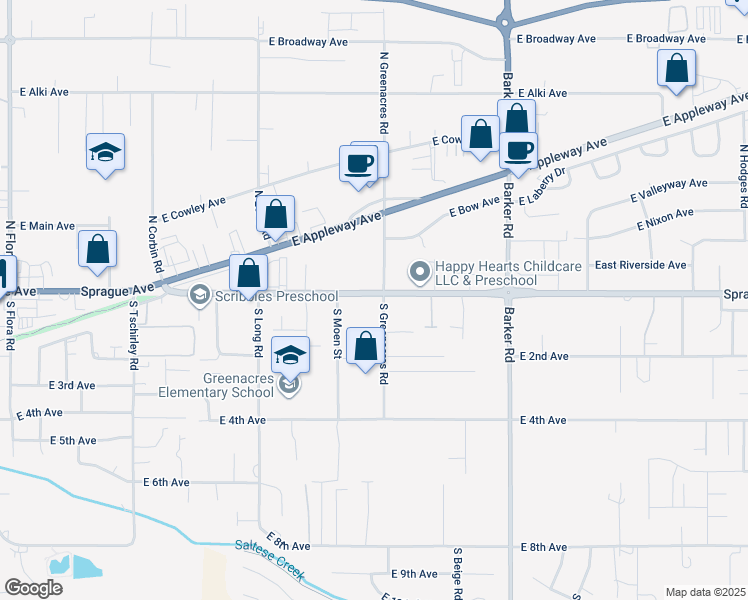 map of restaurants, bars, coffee shops, grocery stores, and more near 10 South Greenacres Road in Spokane Valley