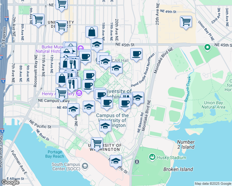 map of restaurants, bars, coffee shops, grocery stores, and more near 1410 Northeast Campus Parkway in Seattle