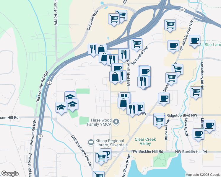 map of restaurants, bars, coffee shops, grocery stores, and more near 3477 Northwest Randall Way in Silverdale