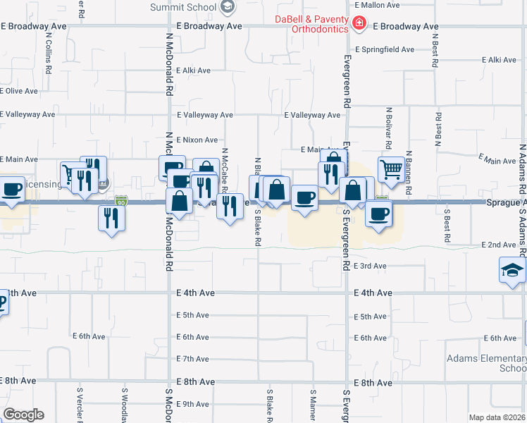 map of restaurants, bars, coffee shops, grocery stores, and more near 13504 East Sprague Avenue in Spokane Valley