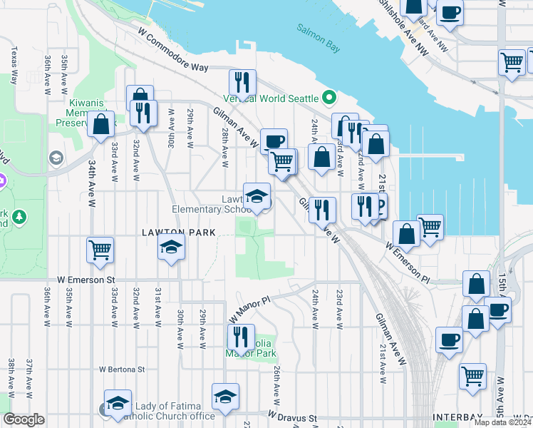 map of restaurants, bars, coffee shops, grocery stores, and more near 4000 27th Avenue West in Seattle
