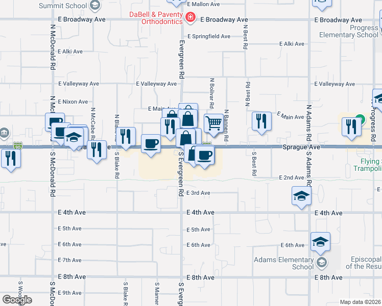 map of restaurants, bars, coffee shops, grocery stores, and more near 13920 East Sprague Avenue in Spokane Valley