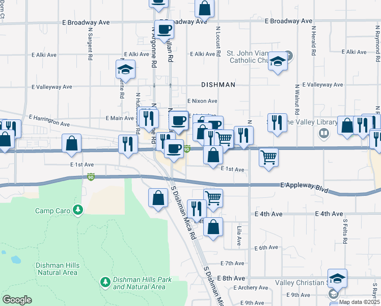 map of restaurants, bars, coffee shops, grocery stores, and more near 9208 East Sprague Avenue in Spokane Valley