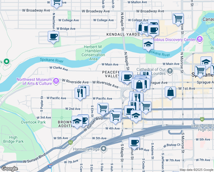 map of restaurants, bars, coffee shops, grocery stores, and more near in Spokane