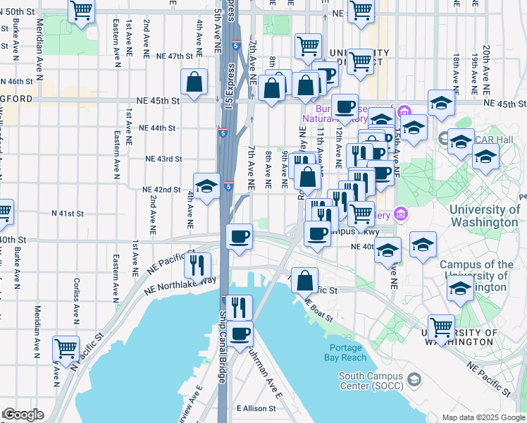 map of restaurants, bars, coffee shops, grocery stores, and more near in Seattle