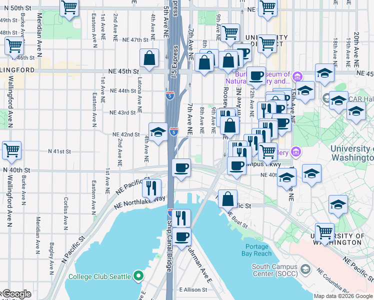 map of restaurants, bars, coffee shops, grocery stores, and more near in Seattle