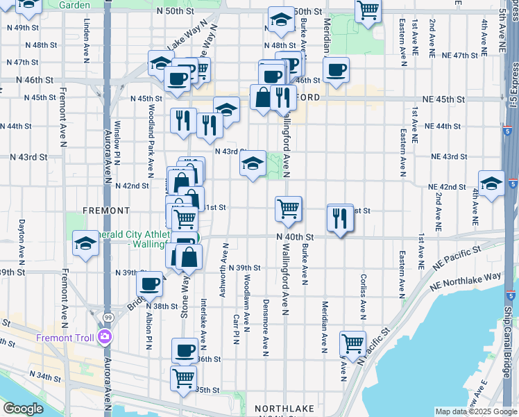 map of restaurants, bars, coffee shops, grocery stores, and more near 4024 Woodlawn Avenue North in Seattle