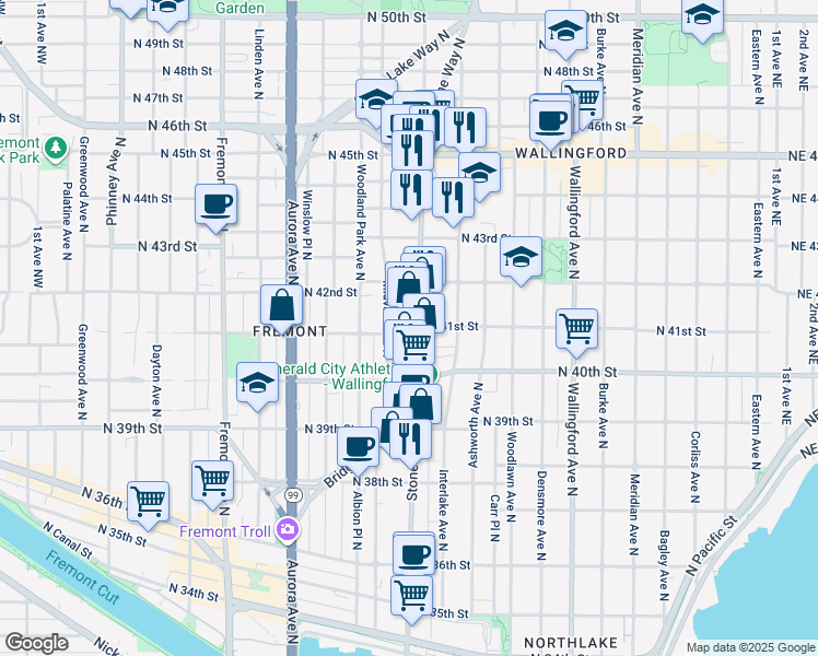 map of restaurants, bars, coffee shops, grocery stores, and more near 1211 North 41st Street in Seattle