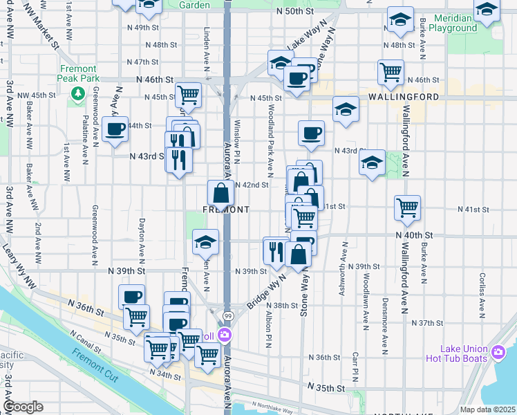 map of restaurants, bars, coffee shops, grocery stores, and more near 4033 Whitman Avenue North in Seattle