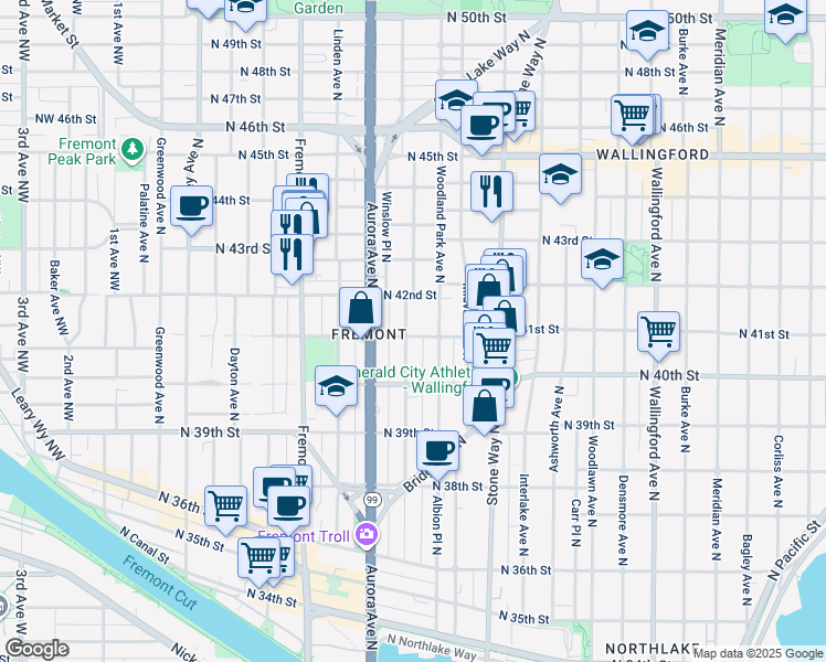 map of restaurants, bars, coffee shops, grocery stores, and more near 4033 Whitman Avenue North in Seattle