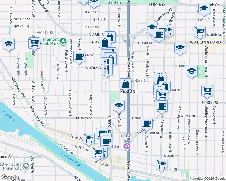 map of restaurants, bars, coffee shops, grocery stores, and more near 4025 Linden Avenue North in Seattle