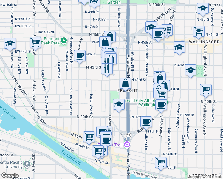 map of restaurants, bars, coffee shops, grocery stores, and more near 4025 Linden Avenue North in Seattle