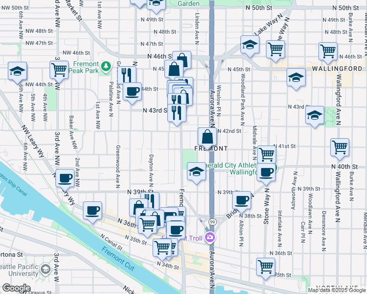 map of restaurants, bars, coffee shops, grocery stores, and more near 611 North 41st Street in Seattle