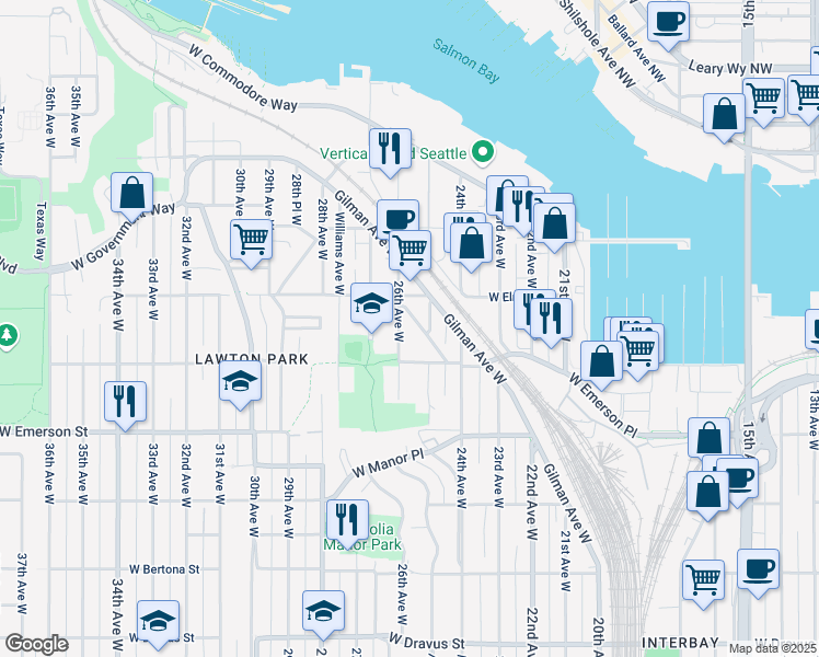map of restaurants, bars, coffee shops, grocery stores, and more near 4018 26th Avenue West in Seattle
