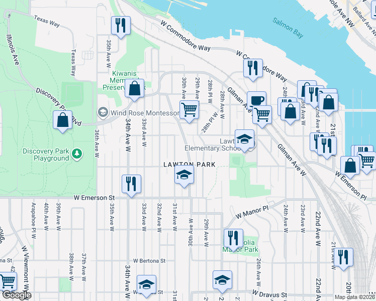 map of restaurants, bars, coffee shops, grocery stores, and more near 4020 30th Avenue West in Seattle