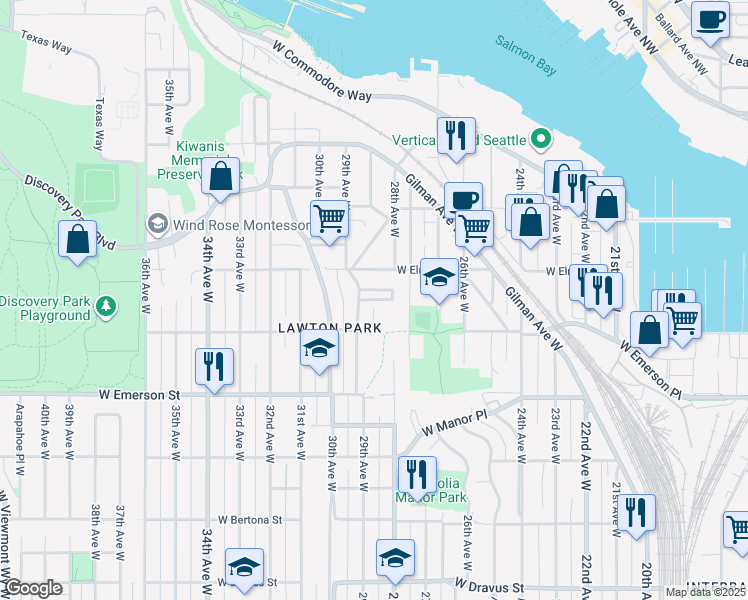 map of restaurants, bars, coffee shops, grocery stores, and more near West View Place in Seattle