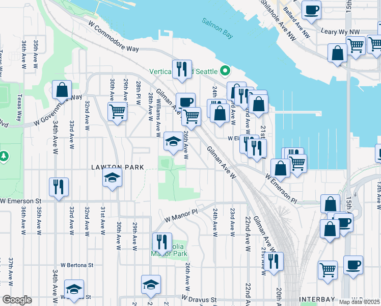 map of restaurants, bars, coffee shops, grocery stores, and more near 4018 26th Avenue West in Seattle