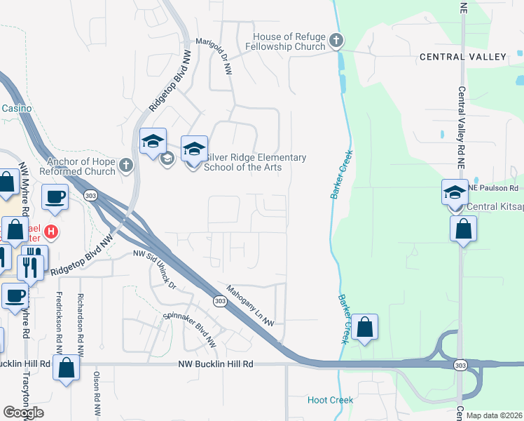 map of restaurants, bars, coffee shops, grocery stores, and more near 950 Northwest Hogan Lane in Bremerton