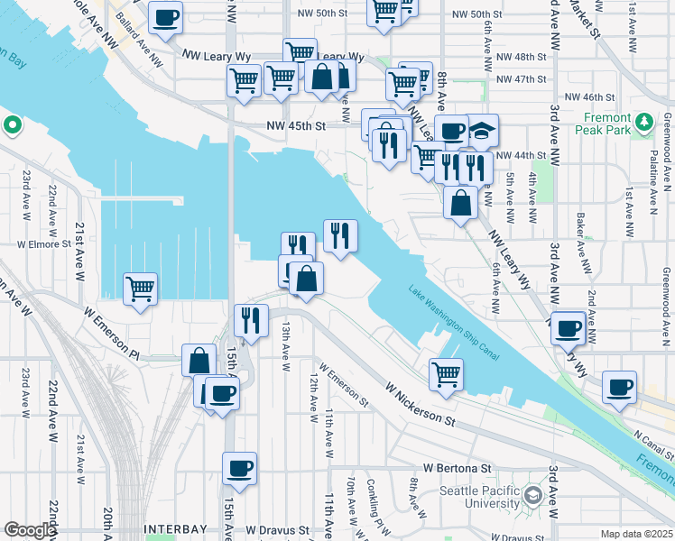 map of restaurants, bars, coffee shops, grocery stores, and more near 1116 West Ewing Street in Seattle