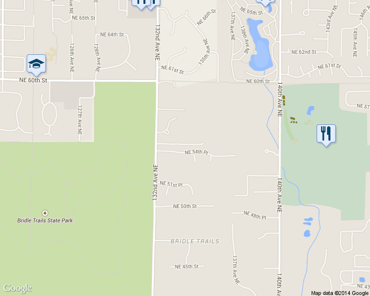 map of restaurants, bars, coffee shops, grocery stores, and more near 13216 Northeast 54th Place in Bellevue