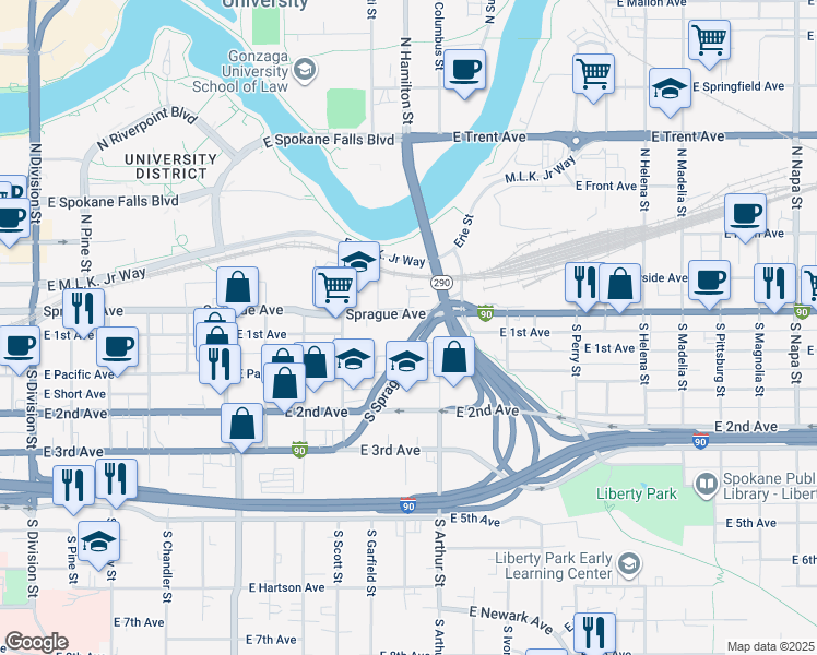 map of restaurants, bars, coffee shops, grocery stores, and more near 920 East Sprague Avenue in Spokane