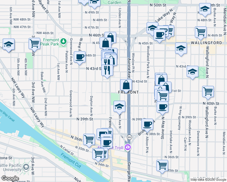 map of restaurants, bars, coffee shops, grocery stores, and more near 4025 Linden Avenue North in Seattle