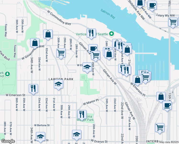 map of restaurants, bars, coffee shops, grocery stores, and more near 4000 27th Avenue West in Seattle