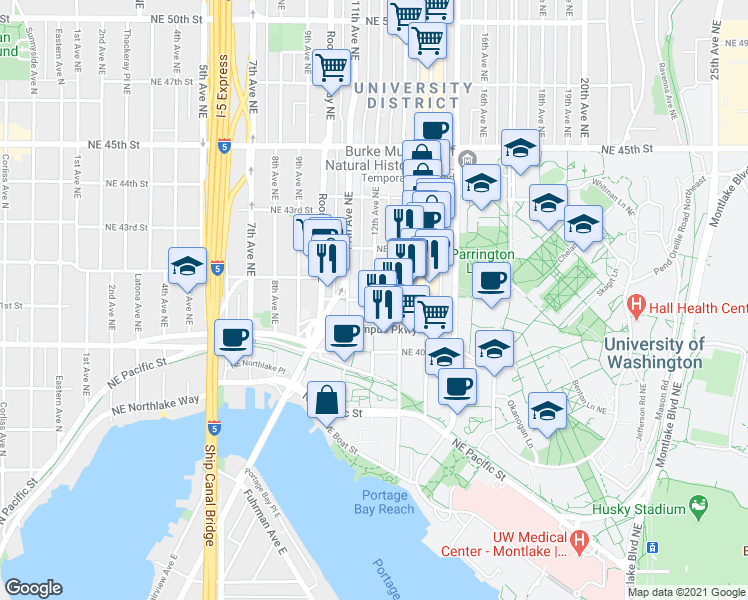 map of restaurants, bars, coffee shops, grocery stores, and more near 12th Avenue Northeast & Northeast 41st Street in Seattle