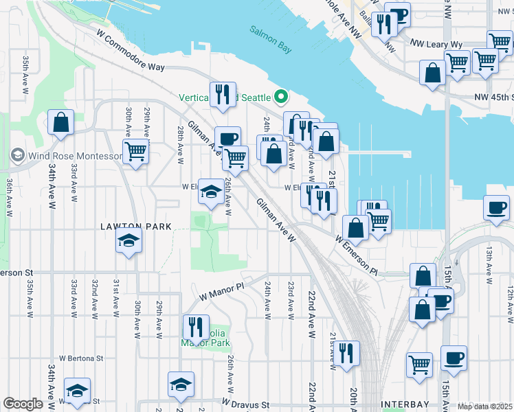 map of restaurants, bars, coffee shops, grocery stores, and more near 4073 Gilman Avenue West in Seattle
