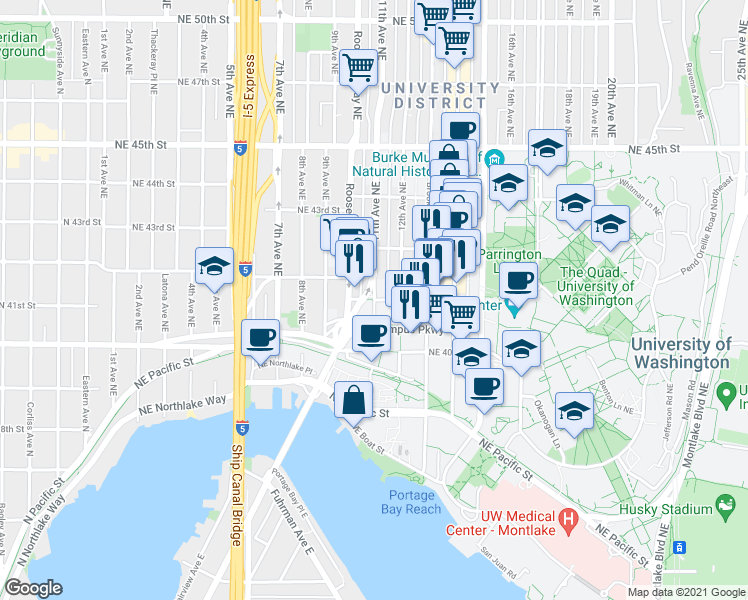 map of restaurants, bars, coffee shops, grocery stores, and more near 11th Ave NE & NE 41st St in Seattle
